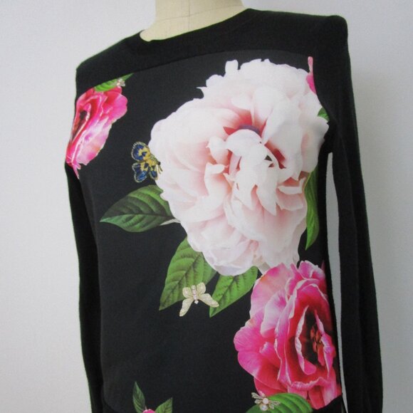 Pullover Knit Sweatshirt Sweater Top Floral Butterflies - Picture 2 of 10